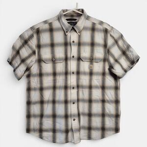 Carhartt Mens XL Loose Fit Plaid Short Sleeve Button Down Shirt Tan Black Pocket